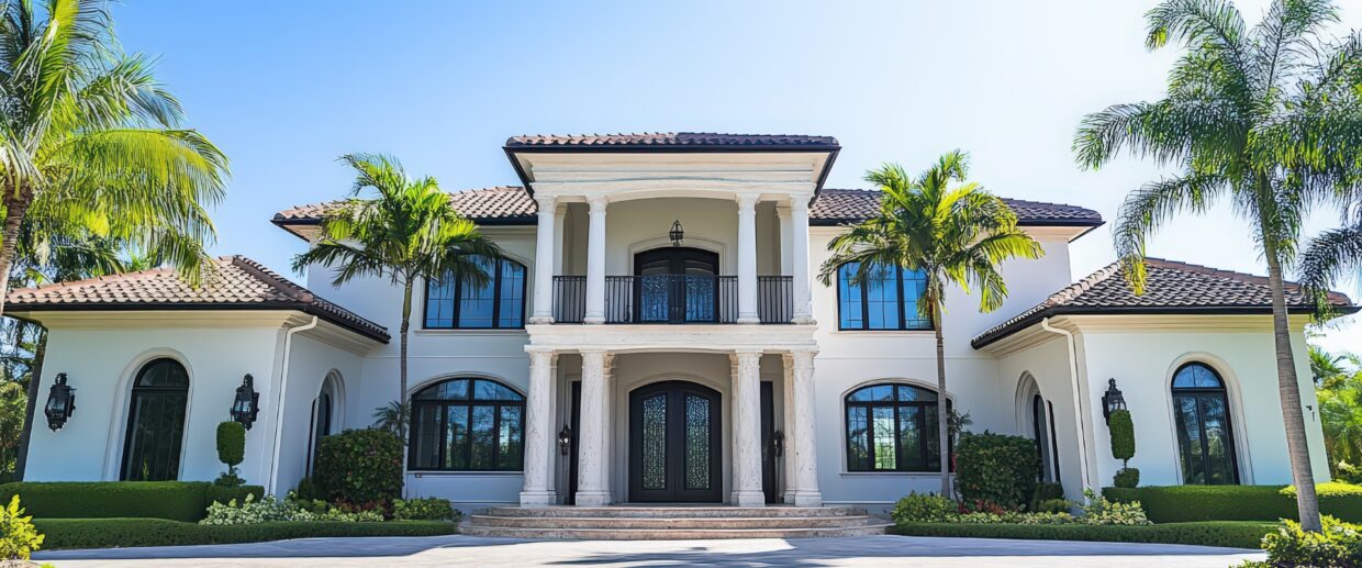 Mediterranean-style Palm Beach estate with white stucco exterior, terra cotta roof, manicured hedges, flowering shrubs, and mature coconut palms framing the circular driveway entrance.