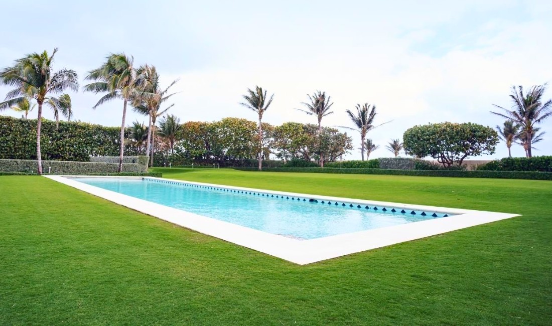 A rectangular pool surrounded by a well-kept green lawn at a Palm Beach estate, with coconut palms, sculpted hedges, and a flat seaside horizon in the background.