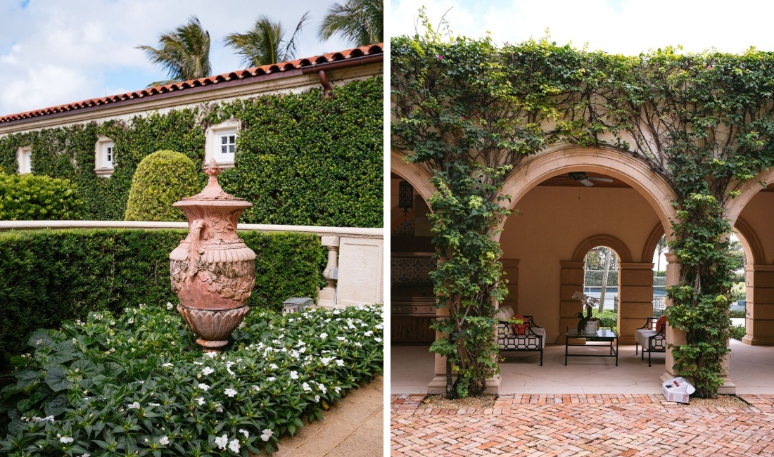 Split image showing Palm Beach estate garden details: left side features terracotta urn surrounded by white impatiens and manicured ficus hedges; right side shows vine-covered archways framing a brick-paved lanai with outdoor seating.